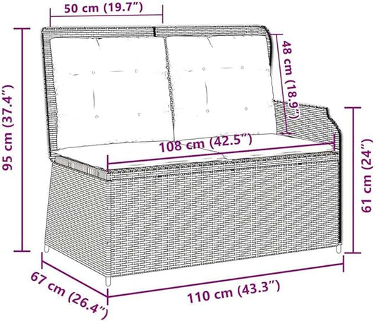 2-Seat Reclining Garden Bench 43.3"x26.4", Brown Woven Poly Rattan Lounge with Adjustable Backrest & Outdoor Cushions, Modern Patio Furniture Set for Garden, Balcony, Porch