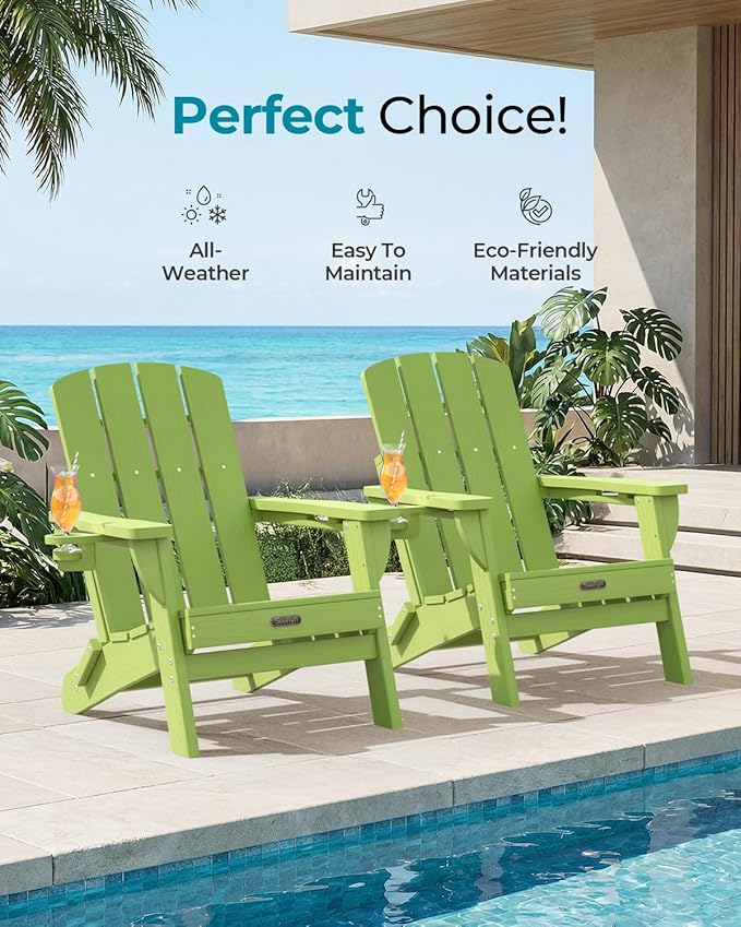 Folding Adirondack Chair, HDPE All-Weather Fire Pit Chairs, Plastic Adirondack Chairs with 2 Cup Holder, Outdoor Lawn Chair for Patio Garden (Light Green)