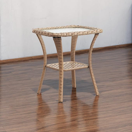Rilyson Patio Tables Wicker Side Table - Rattan Coffee Tables with Glass Top End Table for Outdoor Outside Patio Porch Square Yellow