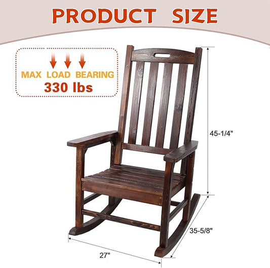 Wooden Rocking Chair Outdoor, Ergonomic High Back Patio Rocking Chairs, Porch Rocker for Backyard/Lawn/Patio/Garden/Balcony/FirePit/Indoor (Brown-1)