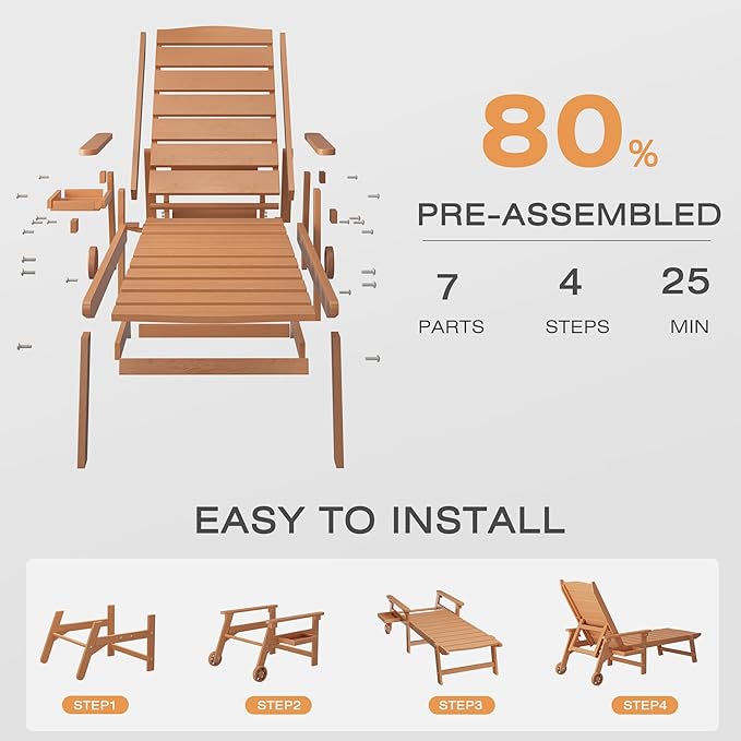 Pool Lounge Chairs Set of 2, 6.3ft Full-Length Patio Pool Lounge Chairs,5-Position Adjustable Backrest (Flat Recline), Flip-Down Side Tray,HIPS All-Weather for Poolside, Deck,Backyard, Beach