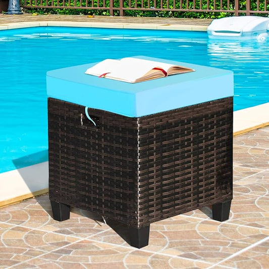 Tangkula 2 Pieces Outdoor Patio Ottoman, All Weather Rattan Wicker Ottoman Seat, Patio Rattan Furniture, Outdoor Footstool Footrest Seat w/Removable Cushions