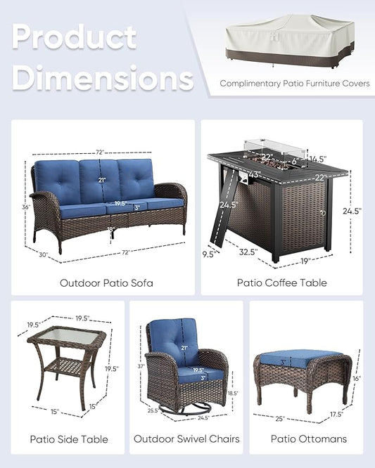 7 Pieces Outdoor Furniture with Fire Pit Deep Seating Wicker Patio Couch with Patio Swivel Chairs Outdoor Furniture Set for Deck Porch Garden Balcony Poolside-Brown/Blue