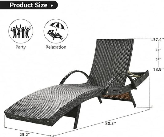 Wicker Outdoor Lounge Chairs with Pull Out Side Table, Pool Lounge Chairs Set of 6, Rattan Outdoor Lounger, Adjustable Backrest Patio Chaise Lounges for Garden, Backyard, Tanning Chair, Dark Brown