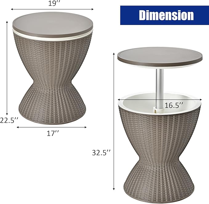 Giantex Outdoor Ice Cooler Side Table with Adjustable Height, 8 Gal Beverage Bucket with Drain Plug, Rattan Patio Bar Table for Poolside, Deck, BBQ & Backyard Parties