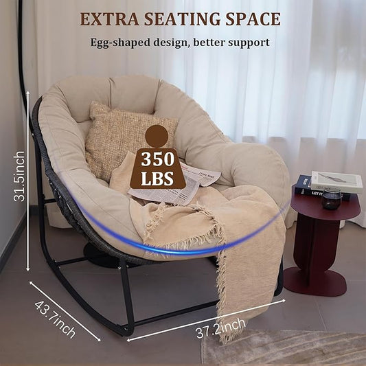 Oversized Rocking Chair Outdoor, Rocking Papasan Chair, Patio Egg Chair with Padded Cushion, Outdoor Wicker Rocking Chair for Front Porch, Garden, Patio(Beige)