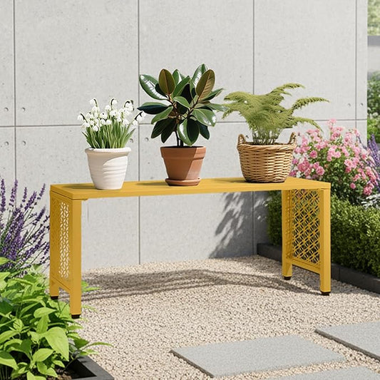 VINGLI 40in Outdoor Metal Bench, All-Weathe Backless Patio Bench with Slatted Seat&Floral Side Panels, Rust-Resistant Garden Bench, Weatherproof Outdoor Seating for Porch Entryway Backyard (Yellow)
