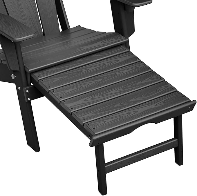 GOWE Folding Outdoor Adirondack Chair with Ottoman,HDPE All-Weather Folding Fire Pit Chair, Ergonomic Design Patio Lawn Chair for Outside Deck Garden Backyardf Balcony,Black