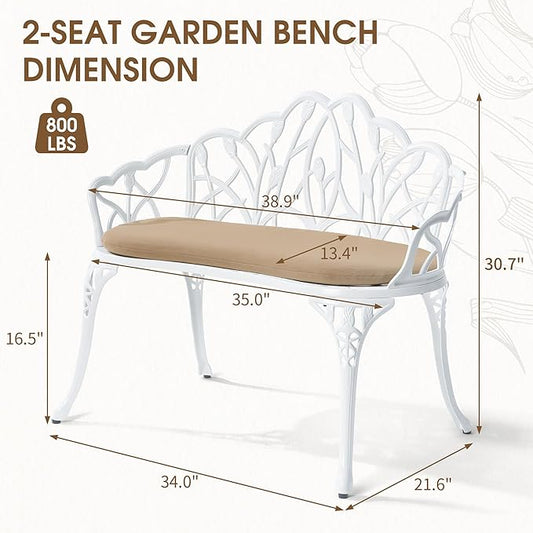 Outdoor Bench with Cushion, Cast Aluminum Double Seating with Backrest and Armrests, Mental Outdoor Furniture for Patio, Porch, Garden, Park, White Tulip