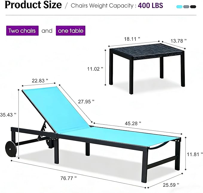 PURPLE LEAF Outdoor Chaise Lounge Chairs Set Recliner Aluminum Adjustable Chair with Wheels and Table for Poolside Beach Patio Reclining Sunbathing Lounger, Blue