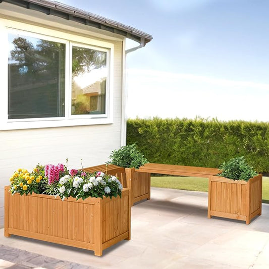 VINGLI Outdoor Wood Bench with Planter Boxes, 2-in-1 All-Weather Porch Bench Seat & Open-Ended Wooden Raised Garden Bed, for Balcony Yard Patio (2 Boxes + Rectangle)