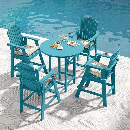 Sundale Outdoor Adirondack Bar Chairs Set of 2, Patio HDPE Bar Stools with Backrest, 30 Inch Seat Height Bistro Tall Dining Counter Barstools with Cushion, All-Weather Pub Height Chairs, Turquoise