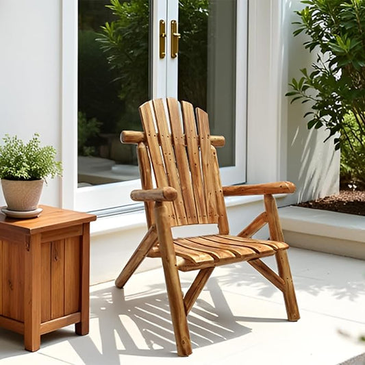 DJL Adirondack Wooden Chair Outdoor Patio Lounge Log Cabin Furniture Rustic Solid Wood Comfortable Seating for Porch, Balcony, Lawn, Fire Pit, Deck, Brown, 42.12 Inches Tall