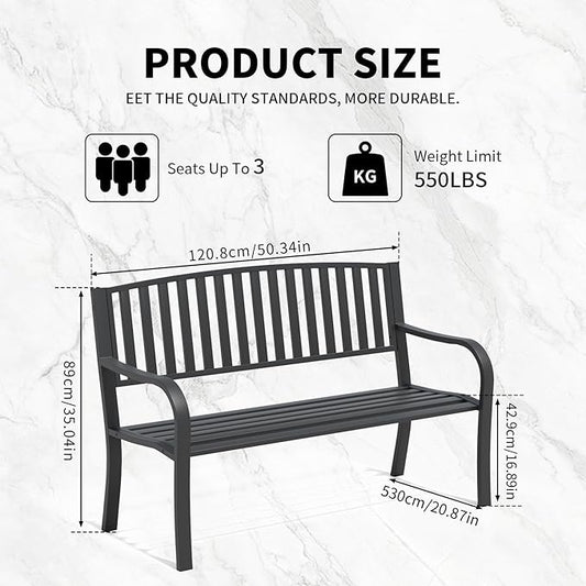 YLGJ&TIDY 50 Inches Garden Benches for Outdoor Patio Bench with Stripe Pattern Backrest Armrest Weatherproof Park Benches Metal Bench for Garden Park Porch Lawn Yard (BENCH08)