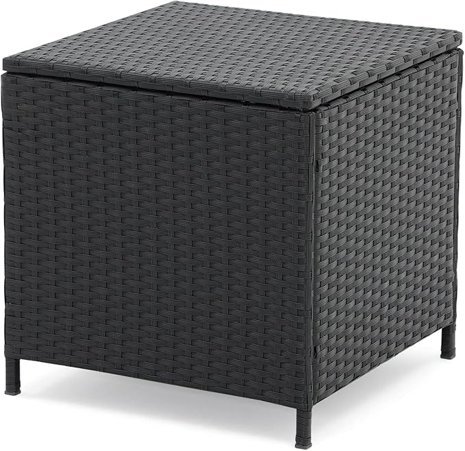 Verano Garden Outdoor Wicker Side Table, Small Storage Rattan Wicker End Table, Square Resin Coffee Table for Garden Porch Deck Living Room Backyard (Black)