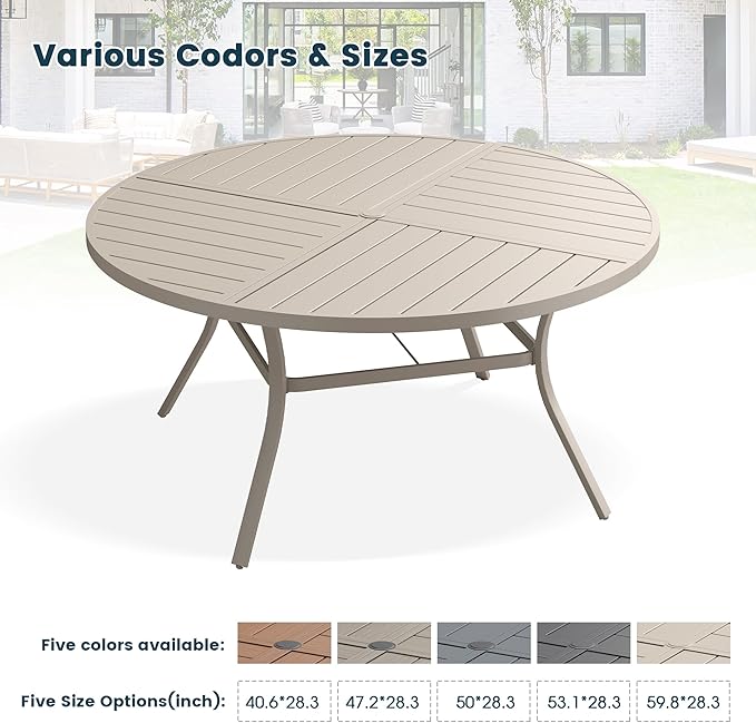 Patio Dining Table for 6, Round Metal Outdoor Table with Storage Shelf, 1.57" Umbrella Hole, 50" Outdoor Quartered Tabletop Dining Table for Backyard, Porch, Lawn, Sand