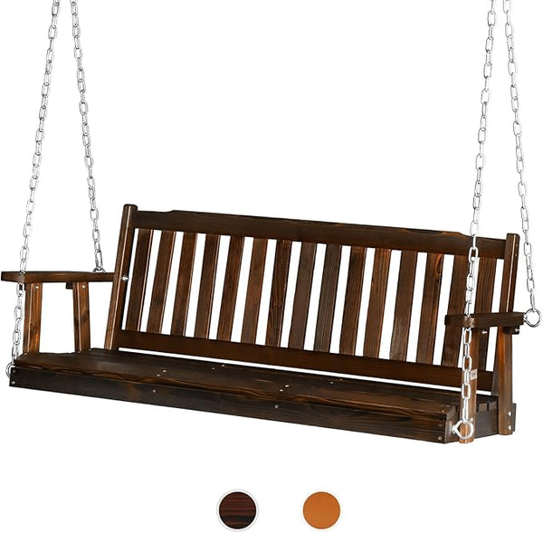VINGLI Heavy Duty 880 LBS 5 FT Wooden Porch Swing Outdoor, Outdoor Hanging Swing Bench (5 FT, Rustic) - Photo 1