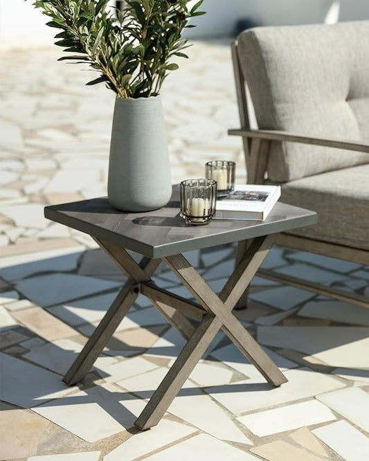 Aluminum Outdoor Side Table, Anti-Rust Outside Patio Side Table with Resin Tabletop, Modern Weather Resistant Square Patio End Table for Yard, Garden, Poolside, Limed Oak