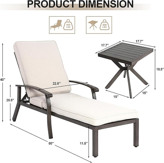 2 Chaise Lounge Chairs with 1 Side Table, Cast Aluminum Tanning Chair with Adjustable 5 Position Recliner, Beige Cushion and Wheels, 3 Piece Set for Outside Beach Patio Pool Lawn
