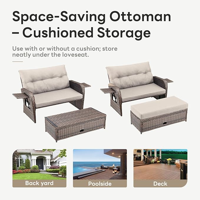 Belord Oversize Outdoor Daybed Set - Patio Recliner Loveseat with Storage Ottoman, Wicker Double Lounge Chair wth 5 Level Adjustable Backrest and 2 Retractable Table
