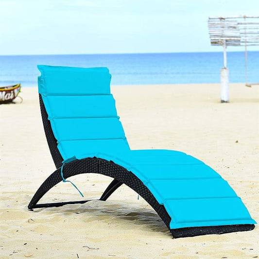 DORTALA Foldable Patio Lounge Chair, Outdoor Rattan Wicker Chaise with Cushion for Backyard Garden Lawn Balcony Poolside, Turquoise