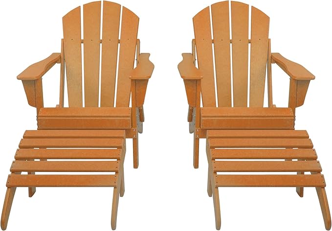 WestinTrends Malibu Outdoor Lounge Chair Set, 4-Pieces Adirondack Chair Set of 2 with Ottoman, All Weather Poly Lumber Patio Lawn Folding Chair for Outside Pool Beach, Orange