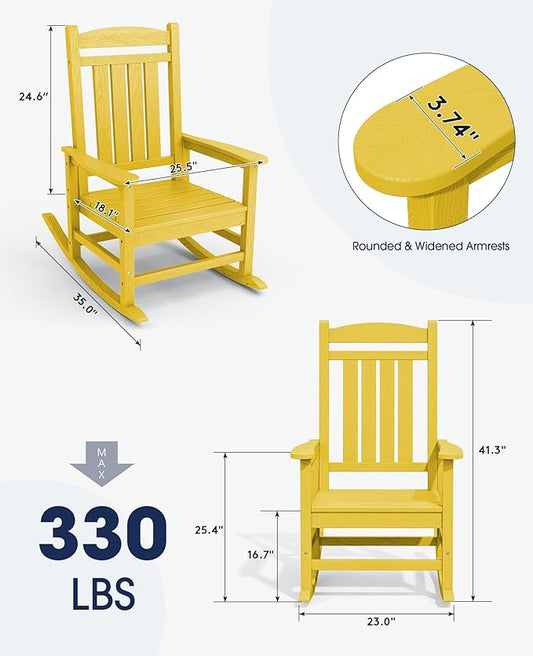 KINGYES Outdoor Rocking Chair Set of 2, HDPE Patio Rocking Chairs with 330lbs Support for Adults, Yellow