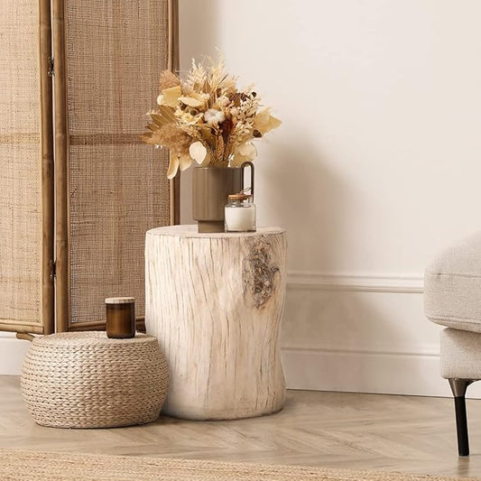 SUNBURY Stump Side Table, Concrete Side Table, Patio Faux Wooden End Table, Beige Stool Plant Stand Holder for Garden Household Living Room