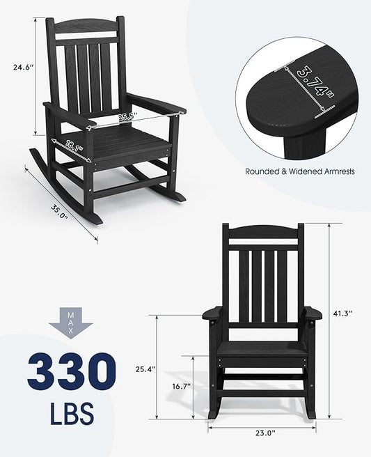 KINGYES Outdoor Rocking Chair Set of 2, HDPE Patio Rocking Chairs with 330lbs Support for Adults, Black