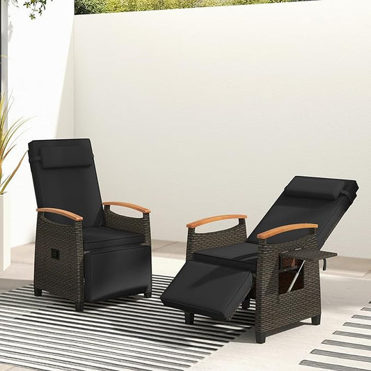Tangkula Patio Wicker Recliner Chair, Rattan Lounge Chair w/Adjustable Backrest & Footrest, Flip Side Table, Push Back Reclining Seat w/Cushion for Backyard, Porch, Lawn (Black,2)
