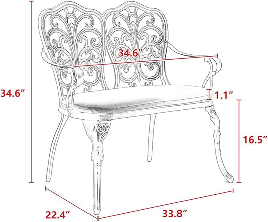 Patio Garden Bench Metal Park Cast Aluminum Outdoor Furniture with Floral Rose for Patio,Park,Lawn,Yard Black Aluminium Ready