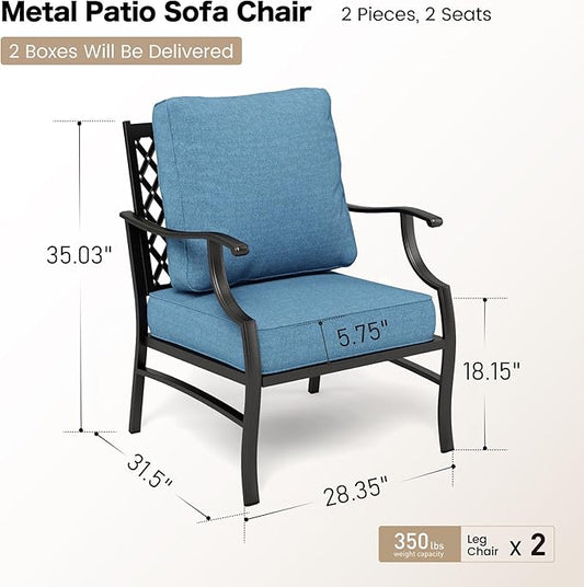 Metal Patio Chairs Set of 2 with 5.75" Extra Thick Cushion, 2 Pieces High Back Outdoor Patio Chairs All Weather Outdoor Furniture Seating for Deck Backyard Front Porch, Denim Blue