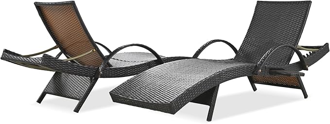 Outdoor Wicker Chaise Lounge Chairs Set of 2, Patio Rattan Sunbathing Recliners with Pull-Out Side Table and Adjustable Backrest for Pool (Dark Brown/2)