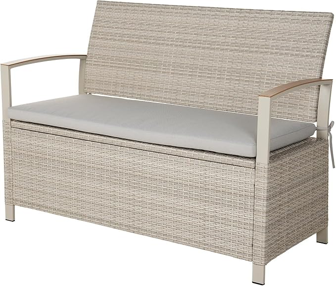Grand patio Outdoor Storage Bench Deck Box with Olefin Cushion, Wicker Deck Box with Water Resistant Bag, Outdoor Seating for Front Porch, Store Garden Tools and Pool Storage (Grey)