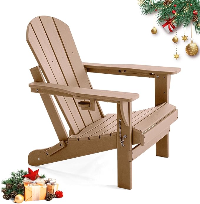 Folding Outdoor Adirondack Chairs Set of 1 with High&Reclining Back-HDPE Weather Resistant Patio Chairs with Cup and Phone Holder for Patio,Fire Pit, Garden and Backyard