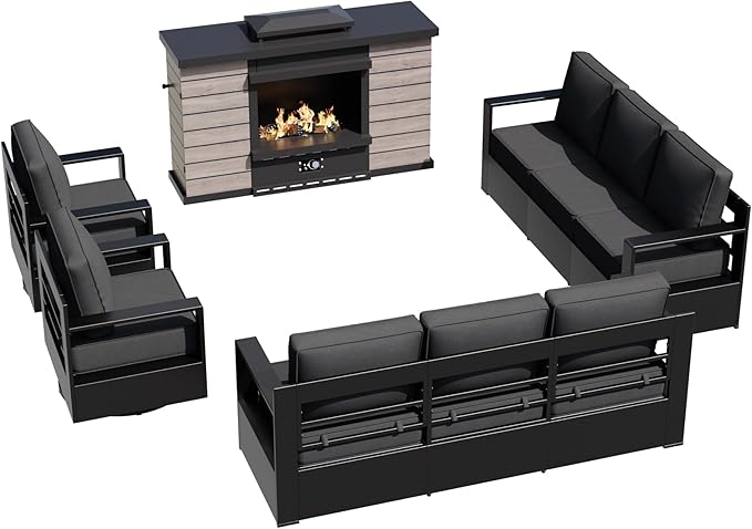 Outdoor Aluminum Furniture Set, 5-Piece Patio Conversation Set, 2 Swivel Chairs, 2 Sofa and 1 Fireplace, All-Weather Metal Frame, 6" Thick Removable Cushions, Deep Setting for Garden and Porch
