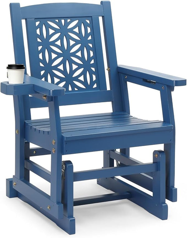 VINGLI Fir Wood Outdoor Glider with Floral Backrest, Wooden Patio Gliding Bench with Cup Holders - Photo 1