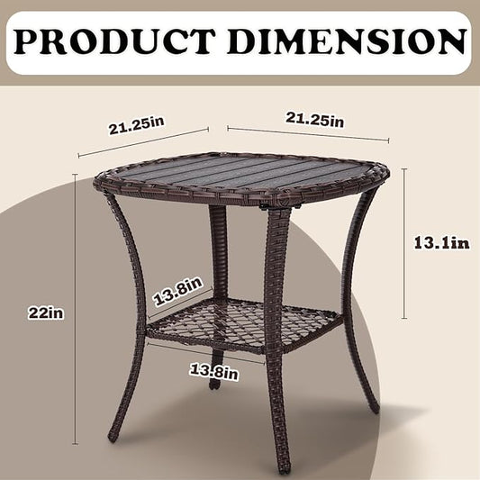 Outdoor Patio Side Table Small Brown Wicker Rattan End Table for Outside Storage Coffee Table with Poly Lumber Table Top for Garden Lawn Pool Porch Deck
