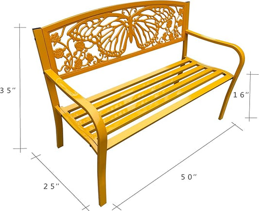 Hi-Line Gift Ltd 50" Outdoor Metal Garden Bench with Butterfly Design Backrest - Yellow