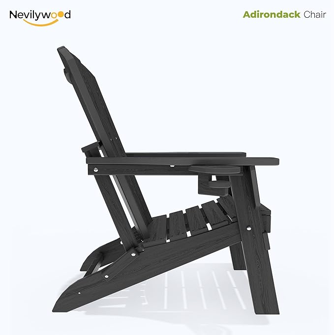 nevilywood Folding Adirondack Chair with Cup Holder Set of 4, HDPE Patio Chairs,All-Weather Outdoor Chairs for Backyard, Deck,Fire Pit-Black