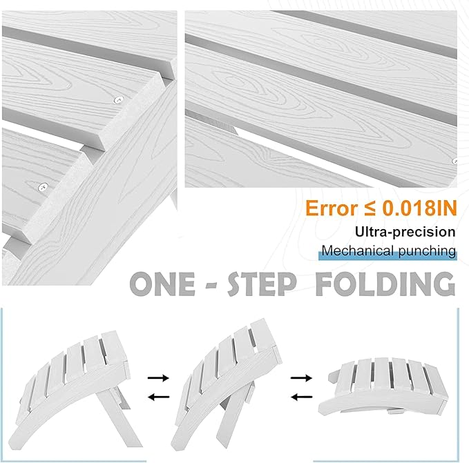 MXIMU Folding Adirondack Ottoman Set of 2: HIPS Plastic Outdoor Footrest Easy Assembly - All Weather Foot Rest Foot Stool for Adirondack Chair Use in Patio Garden Backyard Pool (White)