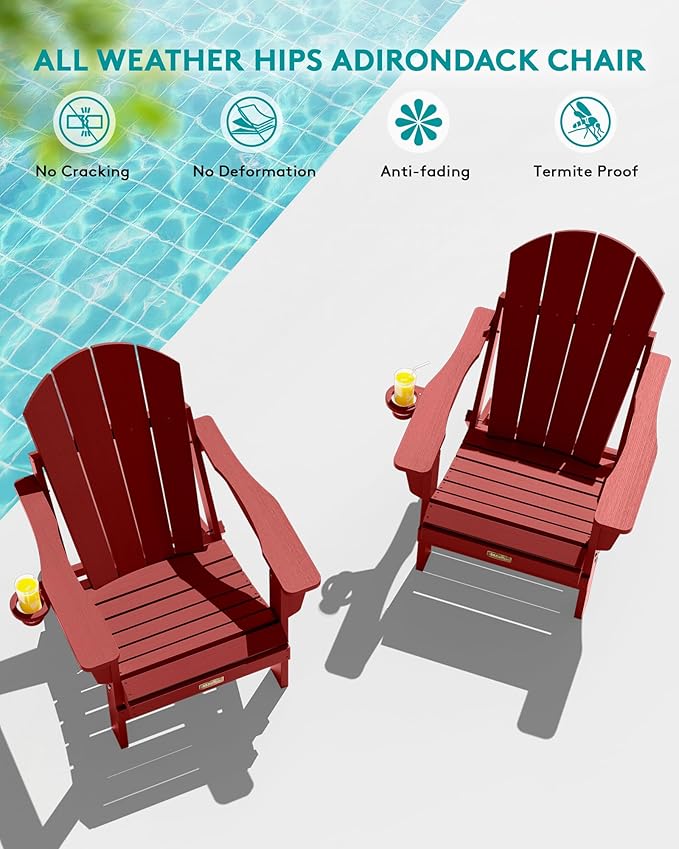 SERWALL Foldable Adirondack Chair Set of 4, Weather Resistant HIPS Patio Chairs with Cup Holder for Patio Garden Outdoors Fire Pit Chairs- Red