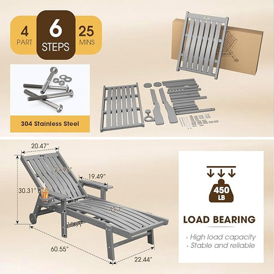 THOEOE Patio Chaise Lounge Chair Set of 2, Oversized Lounge Chair Outdoor with 5 Positions, HDPE, Patio Lounge Chair with Wheels & Cup Holder for Pool, Deck, Poolside,Grey