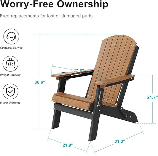 HDPE Foldable Adirondack Outdoor Chair Set of 2 with Cup Holder, Weather Resistant Heavy-Duty Patio Chair for Patio, Backyard, Deck, Fire Pit, Lawn and Porch, Black and Teak