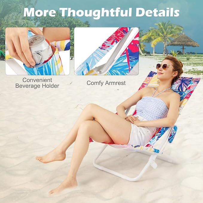 GYMAX Beach Chair Set of 4, Folding Sling Chairs with Headrest, Cup Holder & Shoulder Strap, 330 LBS Portable Patio Lounge Chairs for Outside, Camping, Lawn, Deck, Backyard, Poolside (Pink,4 Pcs)