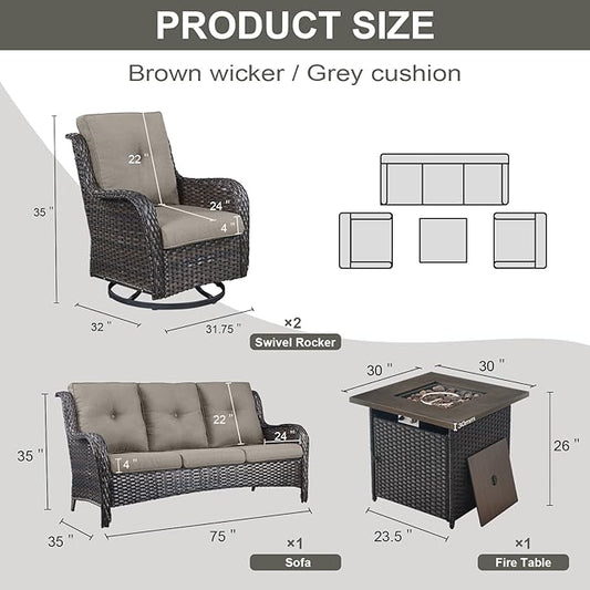Belord 4 Piece Patio Wicker Furniture Set, Outdoor Swivel Rocker Chairs, All Weather Outdoor Patio Couch with Fire Pit Table for Deck Porch, Brown Wicker/Gray