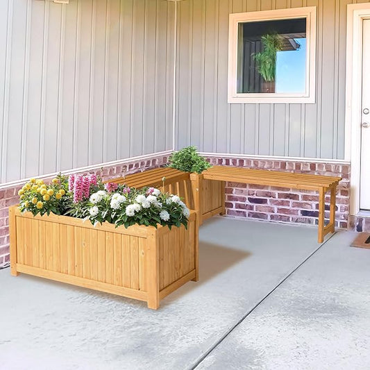 VINGLI Outdoor Wood Bench with Planter Boxes, 2-in-1 All-Weather Porch Bench Seat & Open-Ended Wooden Raised Garden Bed, for Balcony Yard Patio (1 Box + Rectangle)