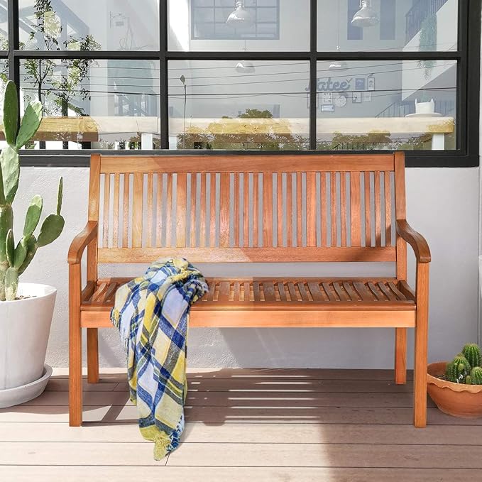 COSTWAY Wooden Bench Outdoor, Curved Armrest & Backrest, Sturdy Outdoor Wood Bench for Garden, Park & Porch, 25" D x 50" W x 36" H, Teak Colored