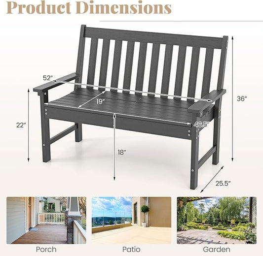 RELAX4LIFE 2-Person Patio Outdoor Bench - 52’’ All-Weather HDPE Garden Bench with Armrests & Slatted Backrest, Patio Bench for Front Porch Park Poolside Backyard, 705 LBS Weight Capacity (Grey)