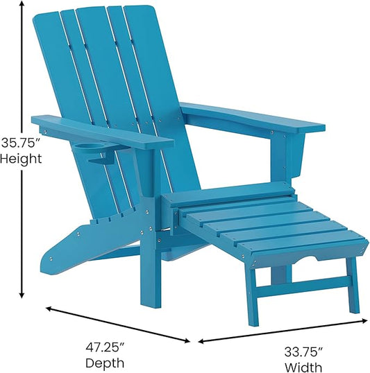 Taylor & Logan Hedley Adirondack Chair with Cup Holder and Pull Out Ottoman, All-Weather HDPE Indoor/Outdoor Lounge Chair in Blue, Set of 2